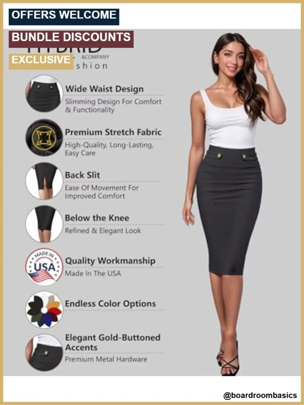 Womens Pencil Skirt Premium Nylon Ponte Stretch Office Below Knee Pull On
